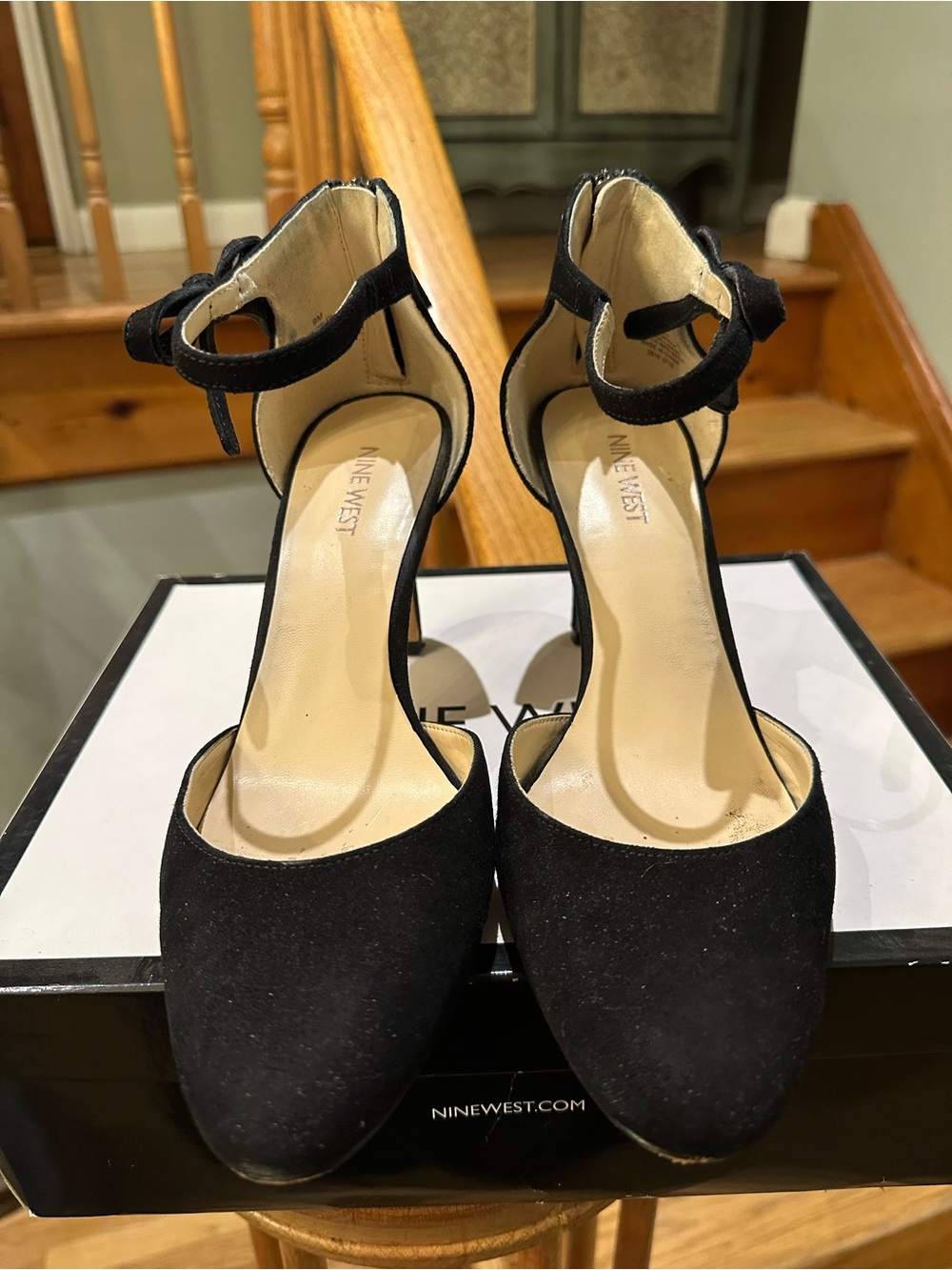 Nine West Black Suede Ankle-Strap Pointed-Toe Heels